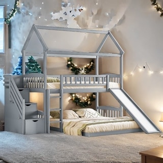 Playhouse Design Twin over Twin Bunk House Bed with 2 Drawers and Slide