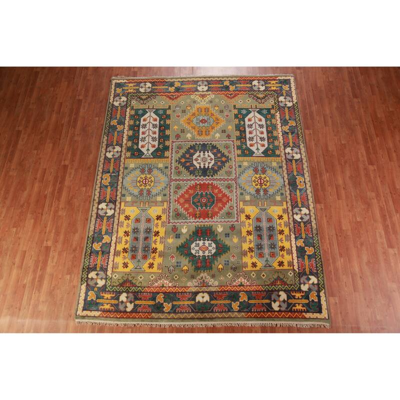 Green Geometric Kazak Oriental Area Rug Hand-Knotted Wool Carpet - 8'0" x 10'2"