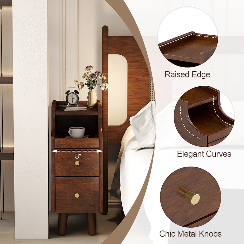 Gymax Solid Wood End Table w/ Pull-out Tray & 2 Storage Drawers Cable