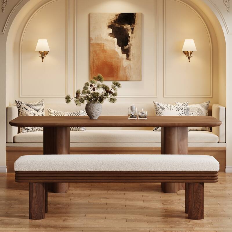 Upholstered Dining Bench, Faux Shearling Padded Seat Kitchen Accent Stool for Dining Room Living Room