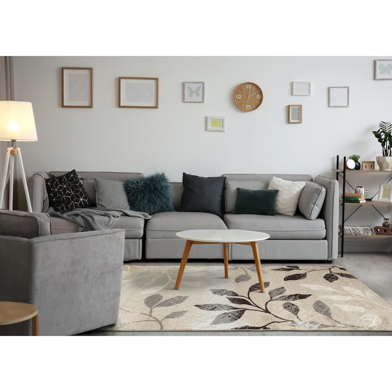 Charlotte Collection - Distressed Brown/White/Black Foliage Rug - 7'10" x 10'6"