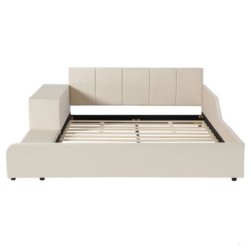 Upholstered Grounded Bed Mother & Child Bed with Bedside Desk and Little Round Stool
