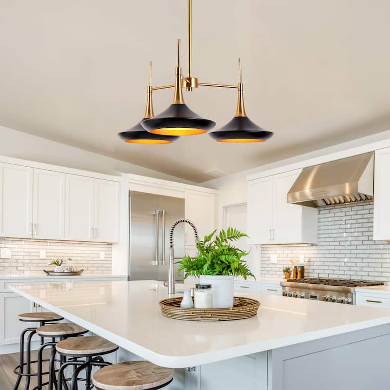 Conia Modern 3-Light Wheel Chandelier Black Gold Pendant Lights for Dining Room - 25.2" D x 11.8" H