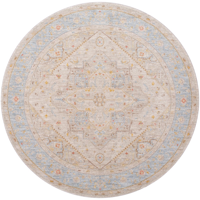 Livabliss Traditional Avant Garde Medallion Area Rug - 6'7" x 6'7" Round - Blue/Beige