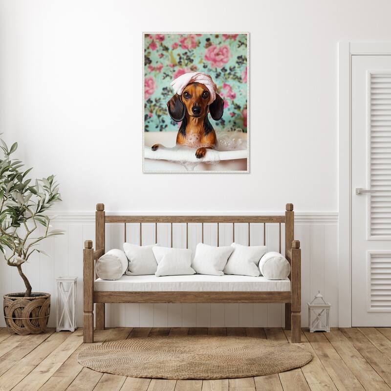 Bath Time Dachshund by Mowzu Framed Canvas Wall Art