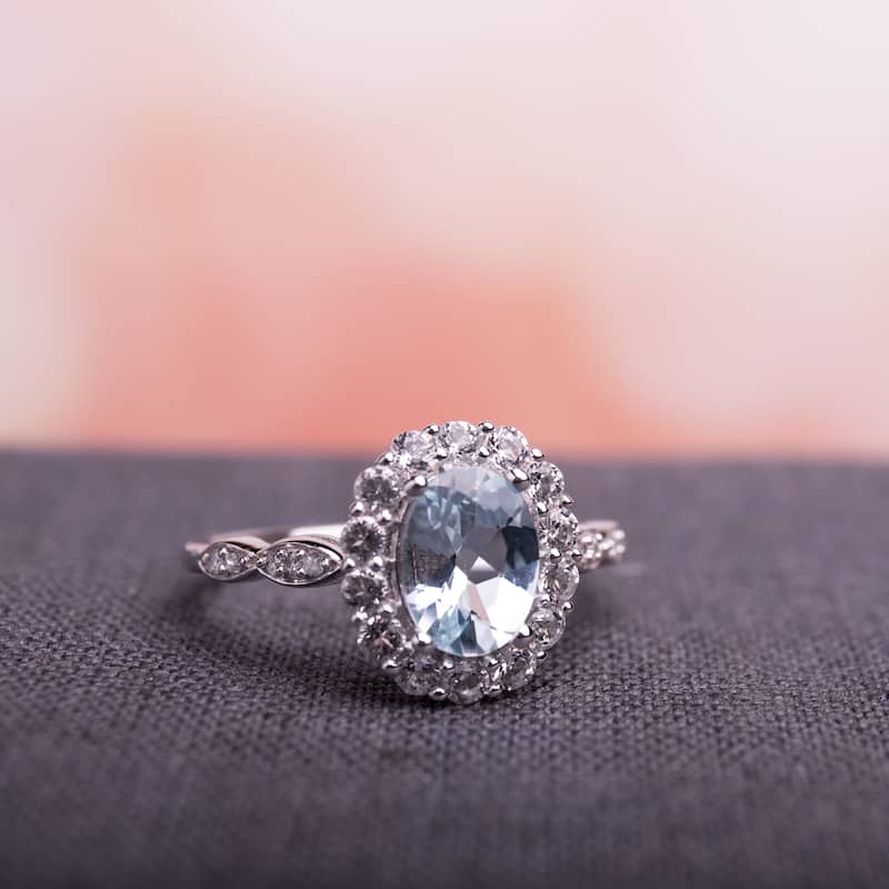 Miadora 14k White Gold Oval-cut Aquamarine White Topaz and Diamond Accent Halo Engagement Ring