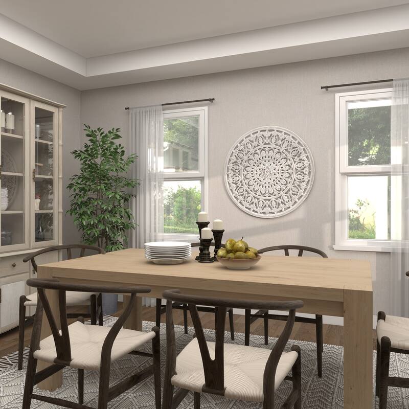 White Wood Handmade Intricately Carved Round Mandala Floral Home Wall Decor