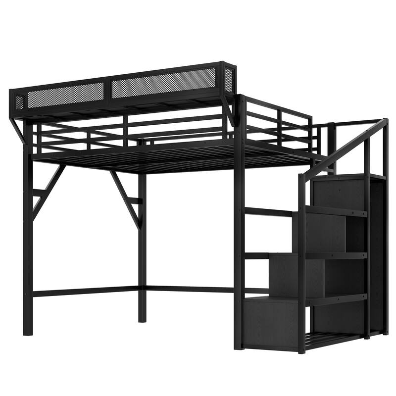 Queen Loft Bed with Storage Stairs, Shelves and Built-in Wardrobe, Metal Loft Bed Frame with USB Ports and LED Lights