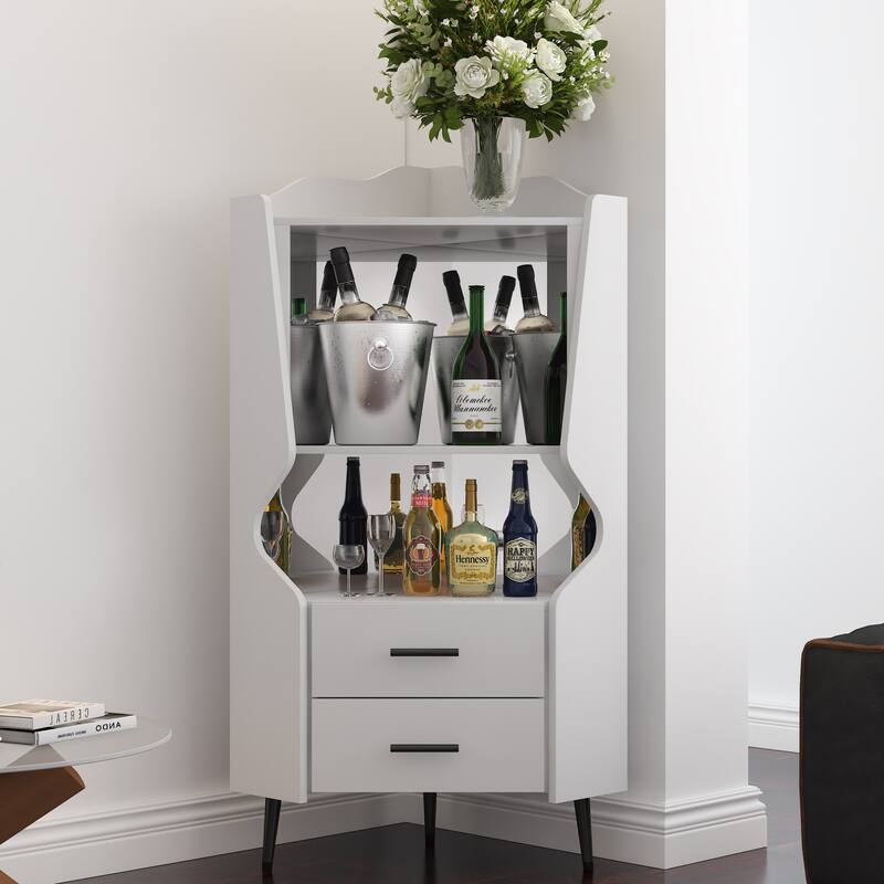 Rossetta Contemporary Elegance Mirrored Back Sideboard Bar Cabinet with Open Storage Shelves - White