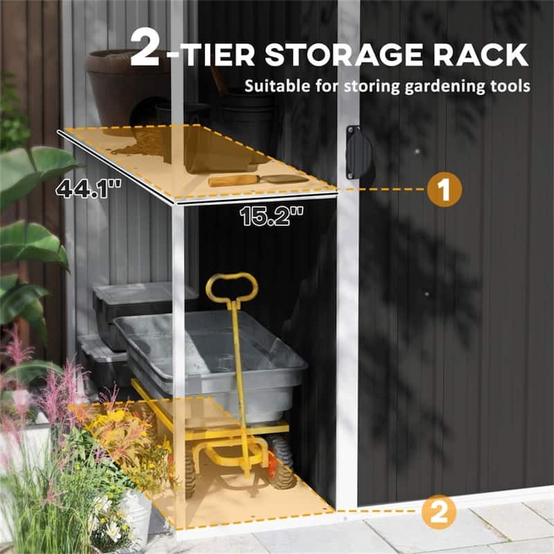 Outdoor Tool Shed 7x4 ft with Two-Tier Storage Rack and Sloped Roof - 96.5" W x 46.1" D x 63.4"/70.9" H