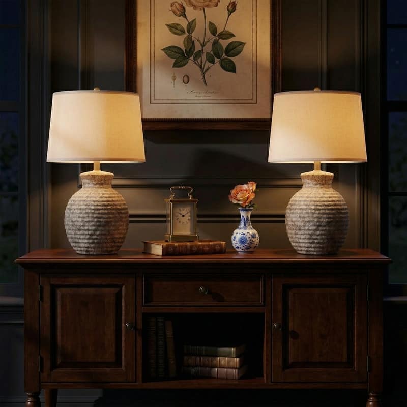 Acroma Textured Ceramic Table Lamp with White Linen Shade