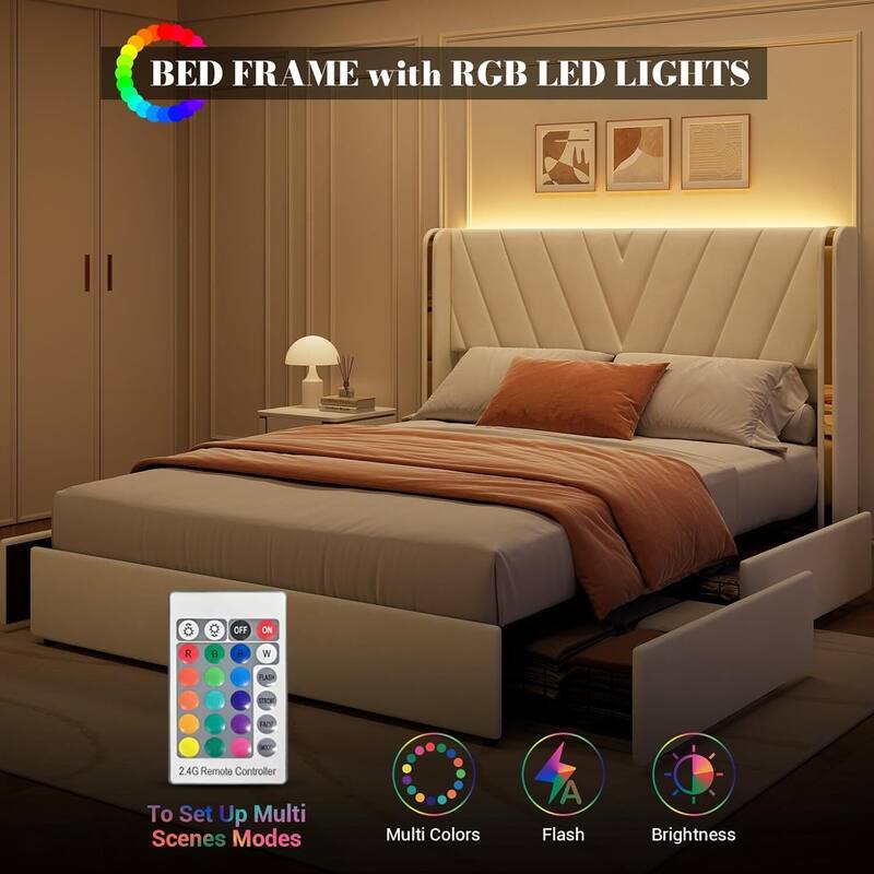 Upholstered LED Bed Frame with 4 Storage Drawers, No Box Spring Needed