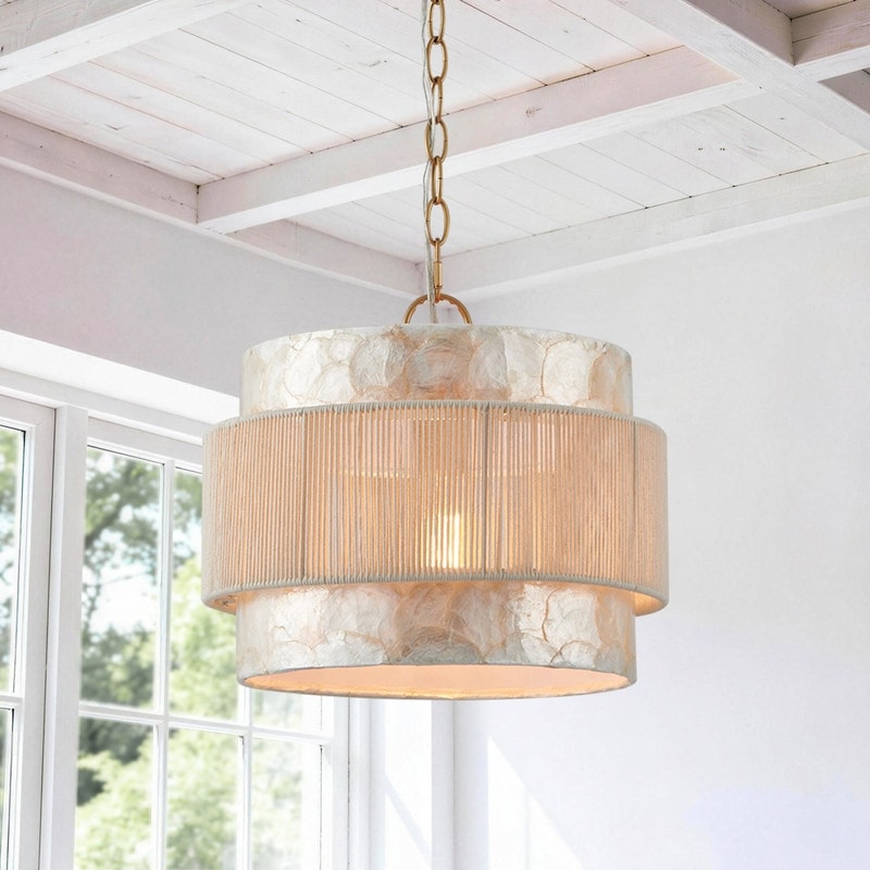 KAWOTI 3-Tire Seashell Pendant Light with Cotton Rope Shade
