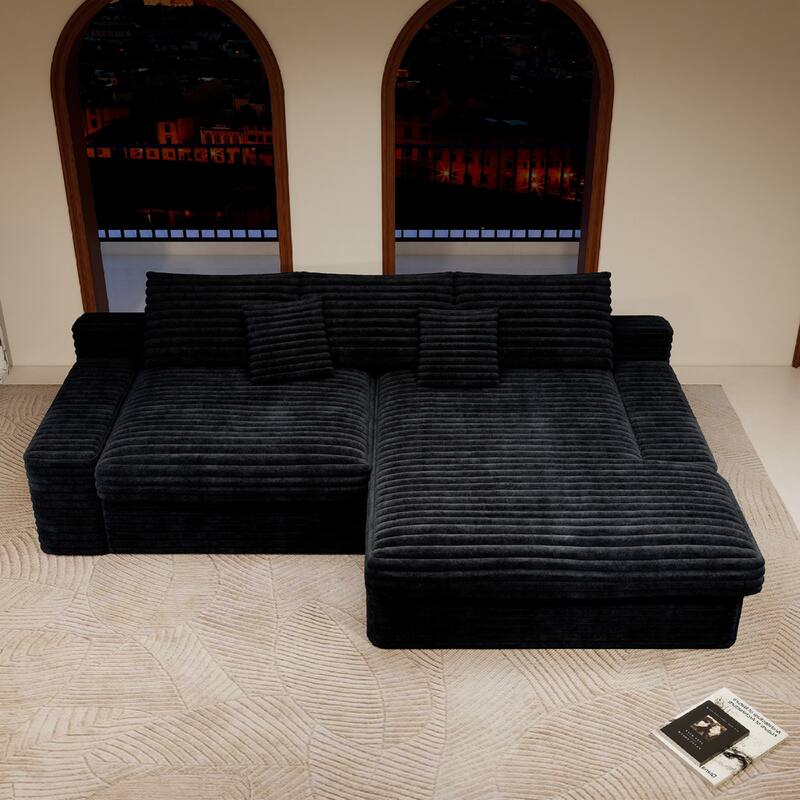 Roomfitters 118.1" Modular Sectional Sofa, 2-Piece Compressed Cloud Couch, No Assembly Required, Plush Corduroy, Black