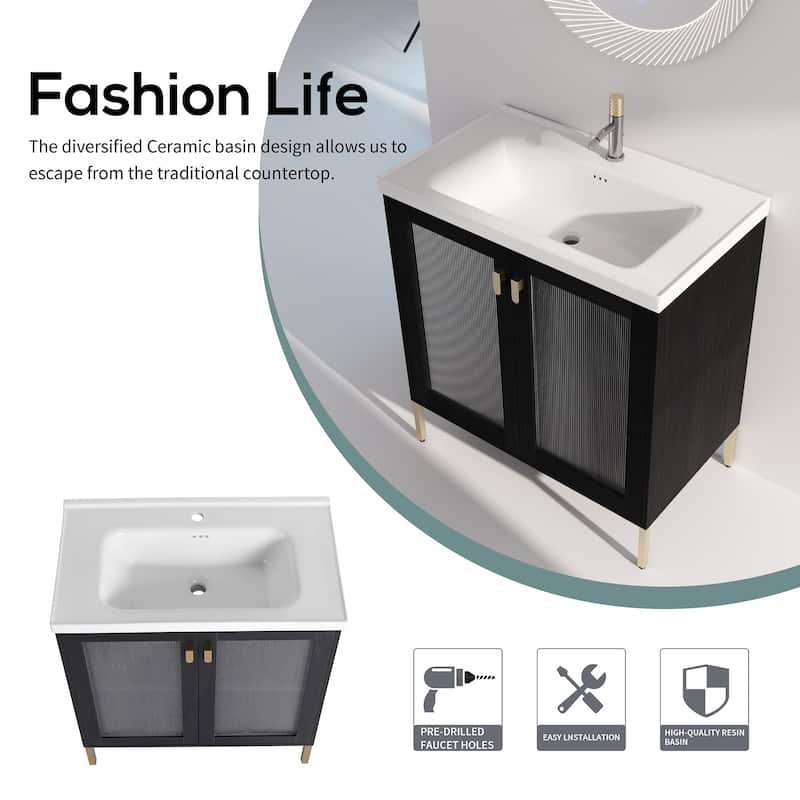 24/32 inch Freestanding Bathroom Vanity Set in Black with Integrated Ceramic Sink