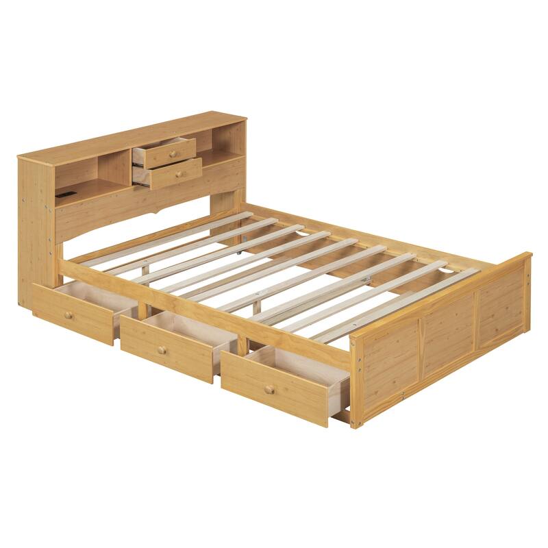 HomeRoots Natural Wood Full Bed Frame With Trundle And Drawers