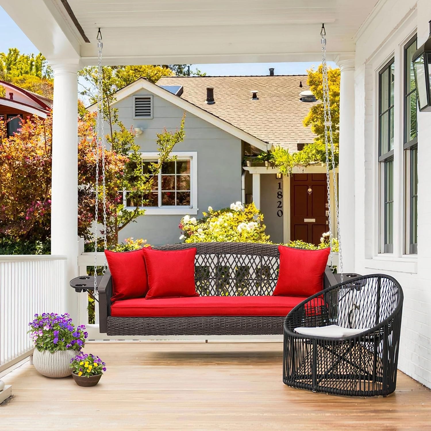 3-Seat Outdoor Porch Swing with Cushions, 900 LBS Capacity, Hanging Chains for Deck, Backyard, Lawn