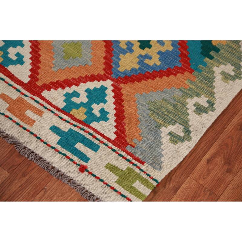 Geometric Kilim Oriental Runner Rug Hand-Woven Wool Carpet - 2'7" x 16'2"