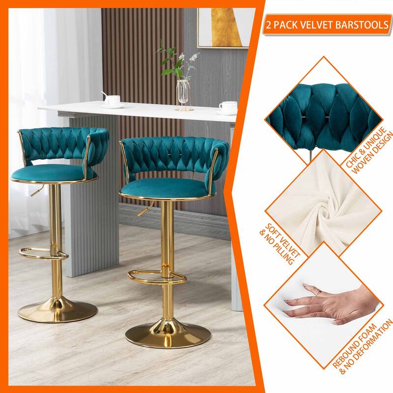HOMEFUN Velvet Adjustable Height Swivel Armless Bar Stools With Golden Footrest(set of 2)