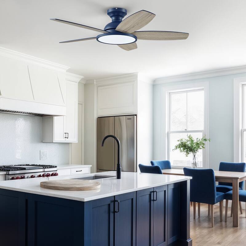 5 - Blade Low Profile Flush Mount Modern Ceiling Fan with LED Light and Remote