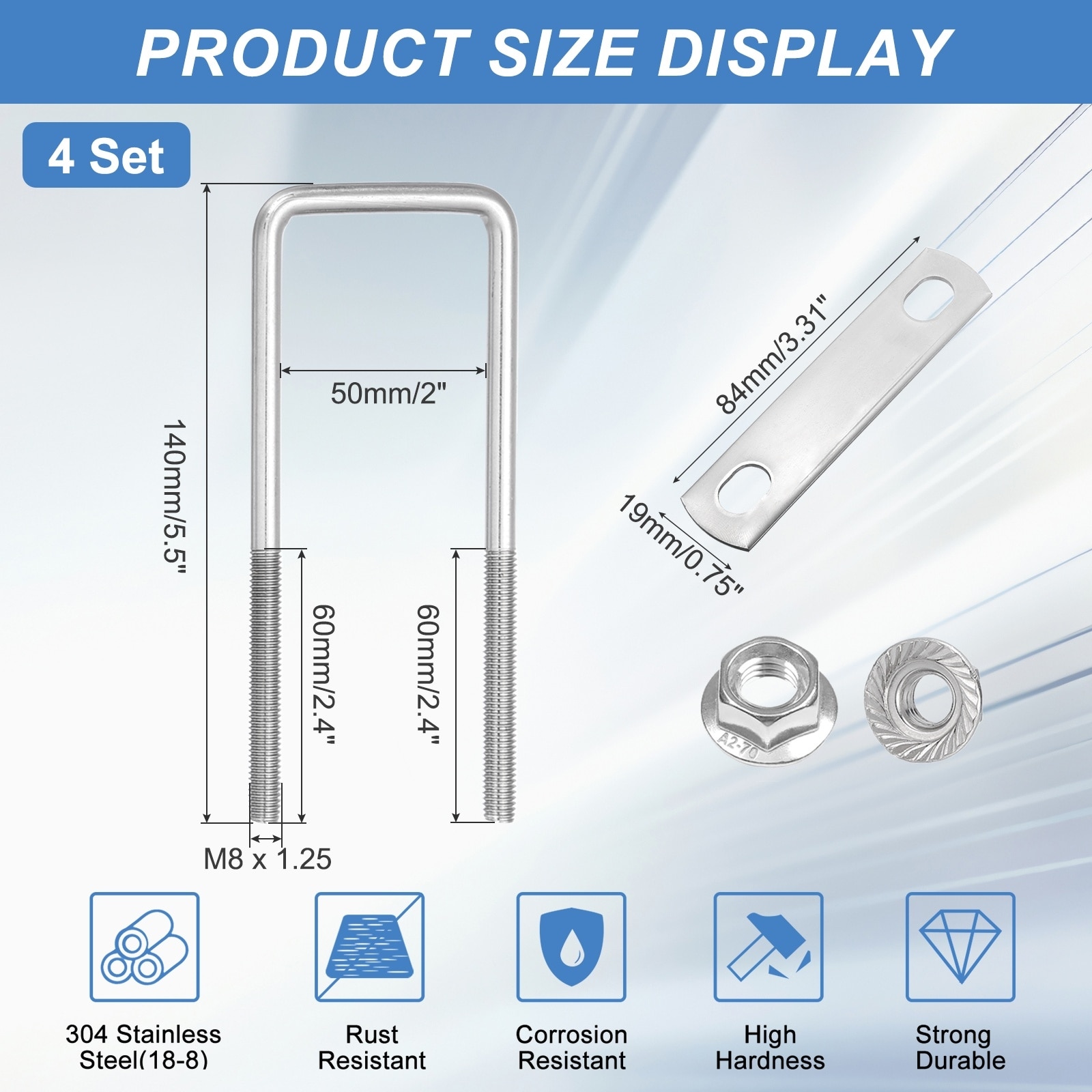 Square U Bolts, 304 Stainless Steel U-Bolts with Flange Hexagon Nuts, Frame Plates for Trailer