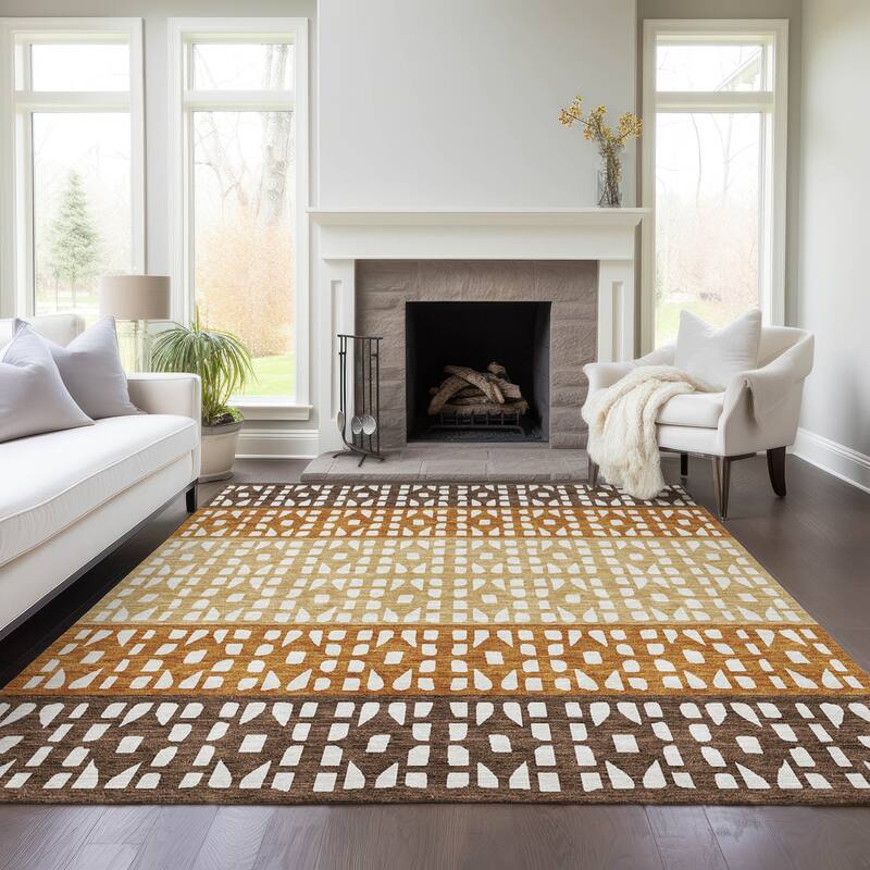Machine Washable Indoor/ Outdoor Stripe Geo Chantille Rug