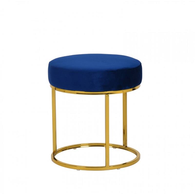 HomeRoots 16" Blue Velvet And Gold Round Footstool Ottoman