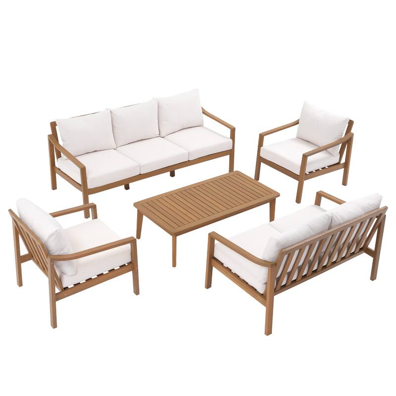 Outdoor 5 Piece Wooden Chair Set With Table And Cushion
