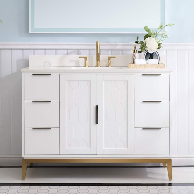 35''H Solid Wood Bath Vanity with Stain-resistant Carrera White Quartz Top and Sink - 48''Wx35''H - White