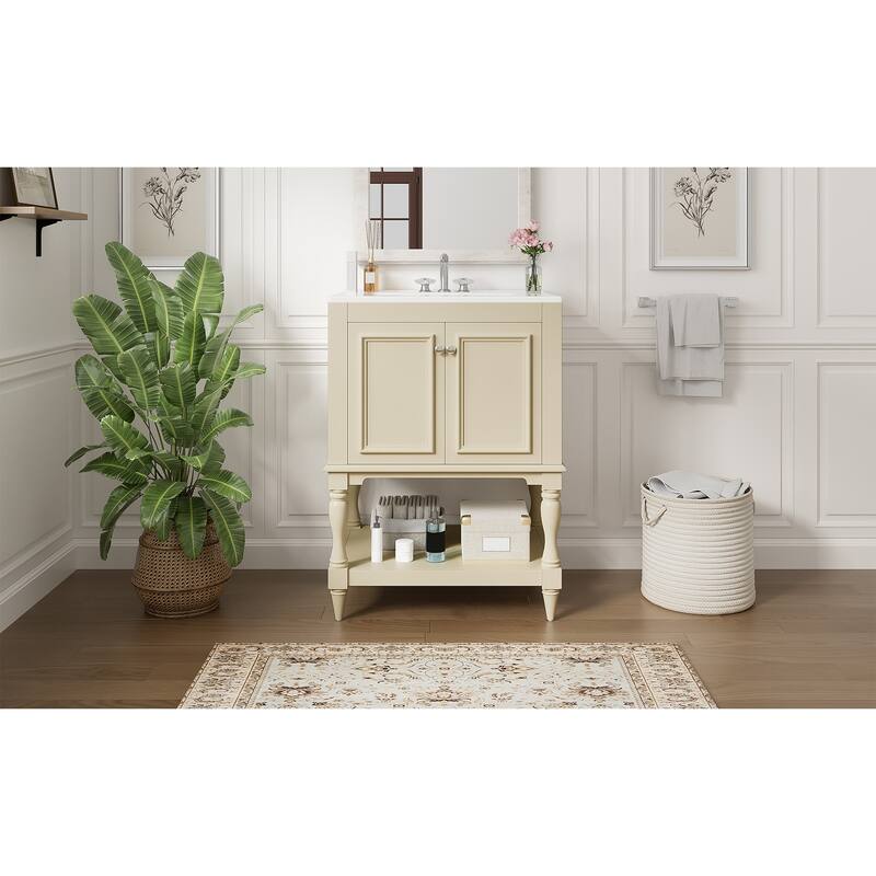 24 inch Modern Luxury Bathroom Vanity with Ceramic Sink, Bathroom Cabinet with Open Shelf and Closed Storage