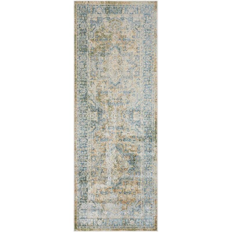 Livabliss Traditional Lillian Medallion Washable Area Rug - 2'7" x 7'3" - Beige/Blue