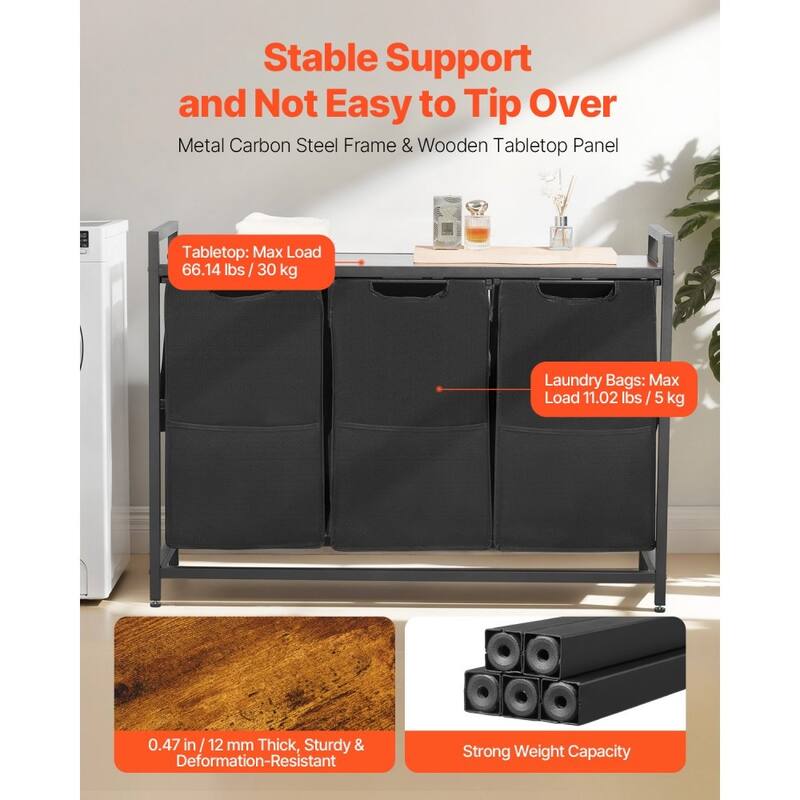36.5 Gallon Black 3-Bag Laundry Hamper Sorter with Sturdy Steel Frame and Wooden Tabletop - 38.58 x 12.99 x 27.95 in