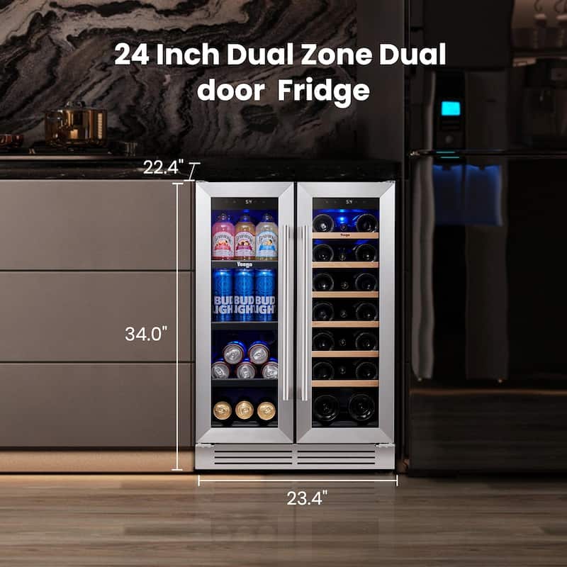 Yeego 23.4 in.20-Bottle Wine and 60 Can Beverage Cooler Dual Zone Refrigerator Under-Counter/Freestanding French Door Fridge