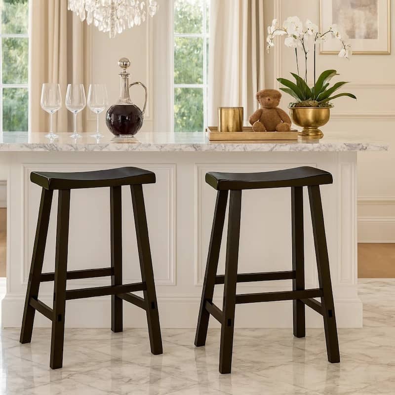Wooden 29" Counter Height Stool with Saddle Seat, Black, Set Of 2