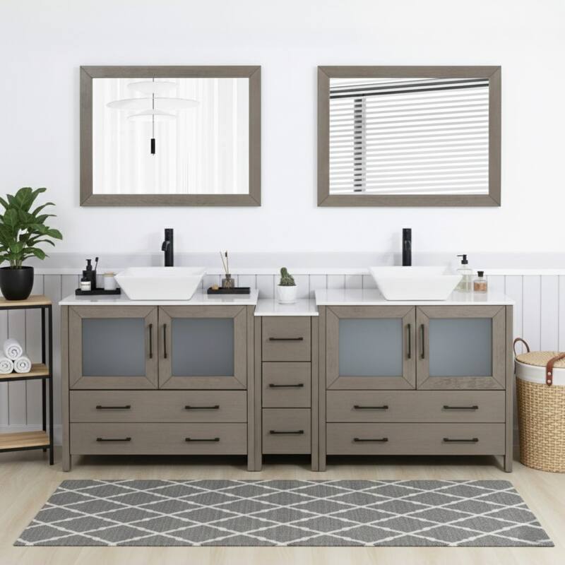 Vanity Art 84" Double Sink Bathroom Vanity Set with Engineered Marble Top and Free Mirrors - Driftwood Gray