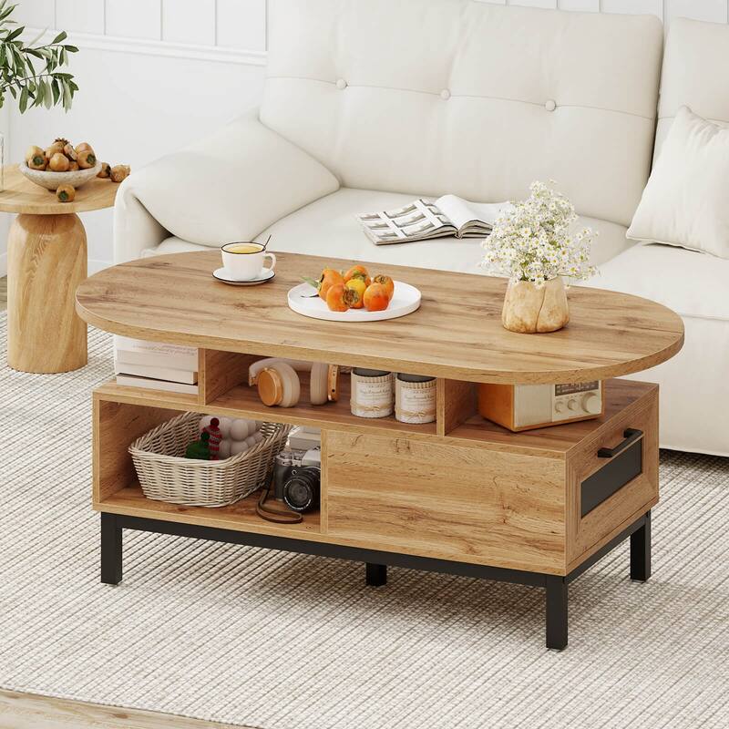 Costway 47” Oval Top Coffee Table with 4 Open Compartments & Drawer, 5 - See Details