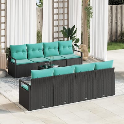 vidaXL 9 Garden Sofa Set with Cushions Black Poly Rattan - 90.6 x 24.4 x 27.2