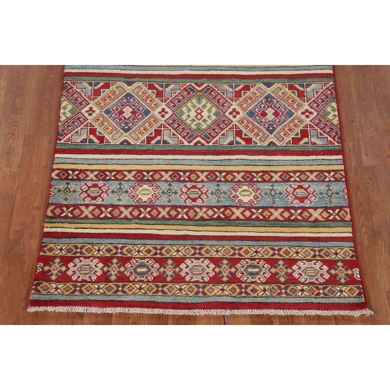 Geometric Kazak Accent Rug Handmade Multi-Color Wool Carpet - 3'4" x 5'0"