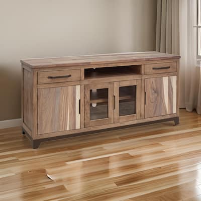 Umey 70 Inch TV Entertainment Console, 2 Drawers, Shelves, Wood, Brown