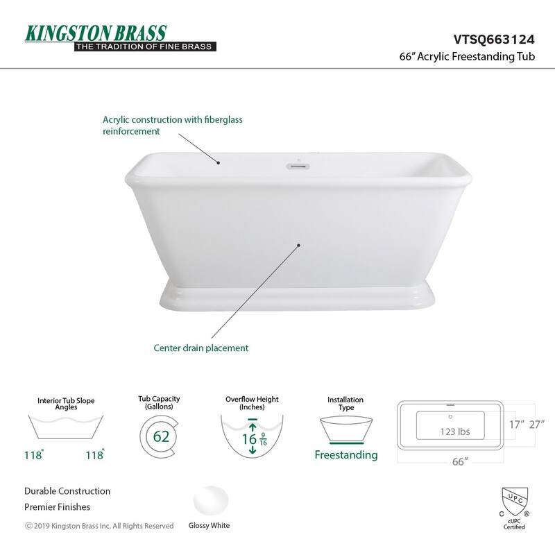 Kingston Brass 66" Pedestal Acrylic Soaking Tub with Center Drain