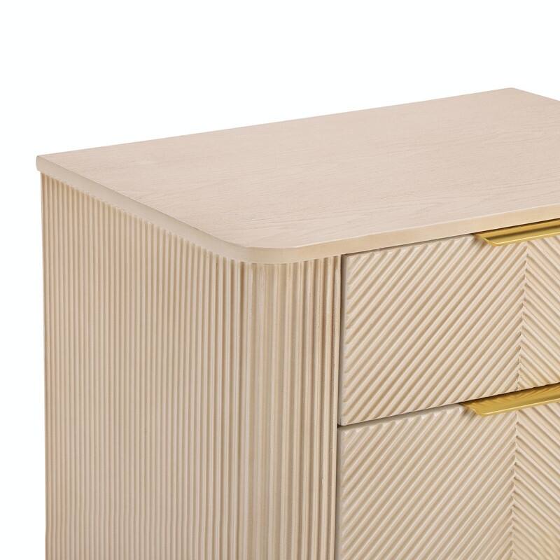 Mid-Century Fluted 3-Drawer Nightstand with Curved Design and Gold Handles