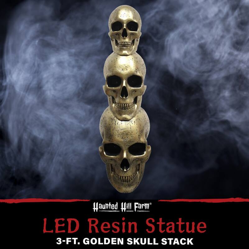 Haunted Hill Farm 3-Ft. Golden Skull Stack Prelit LED Resin Figurine, Indoor or Covered Outdoor Halloween Decoration, Plug-In