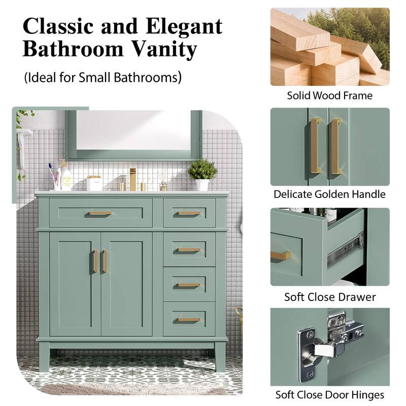 36" Modern Bathroom Vanity with Ceramic Sink - Soft-Close Door & 4 Storage Drawers