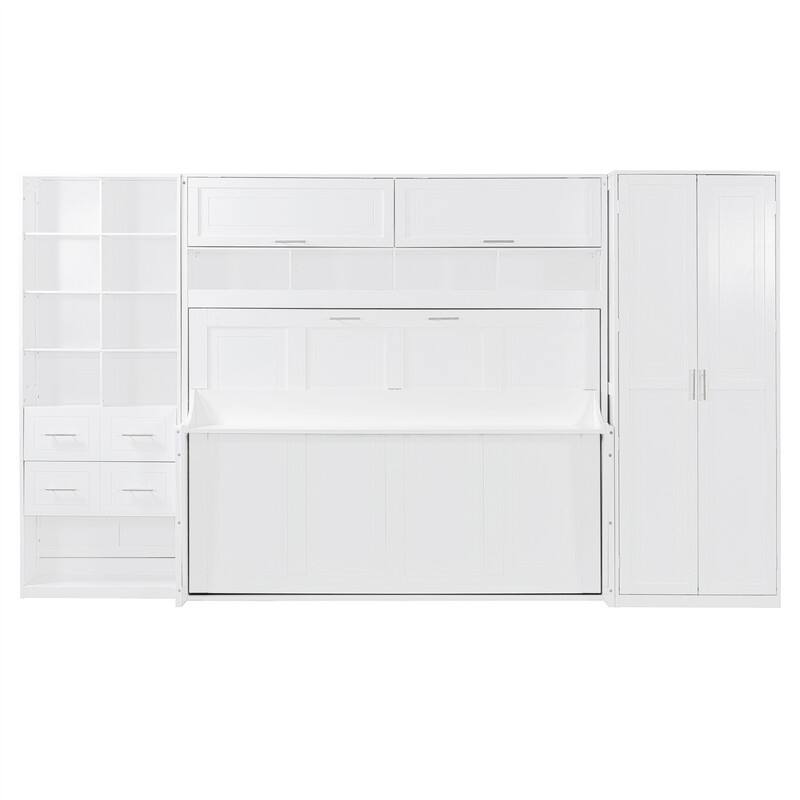 Full/Queen Size Murphy Bed Wall Bed with Closet, 2 Drawers and Storage Shelves, Folding Murphy Cabinet Bed with Top Cabinet