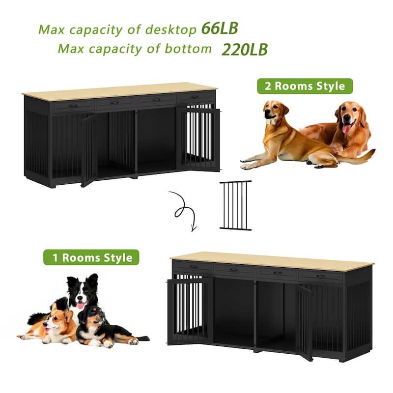 Wooden Dog Crate Kennel Furniture for 2 Dogs with Divider & Drawers