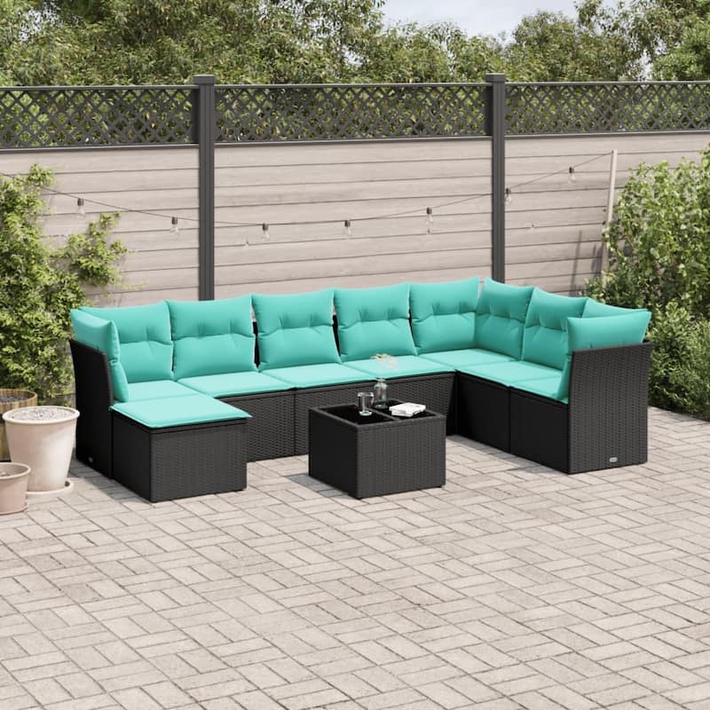 vidaXL 8 Piece Patio Sofa Set with Cushions Black Poly Rattan - 113.8x27.2x70.5-With table
