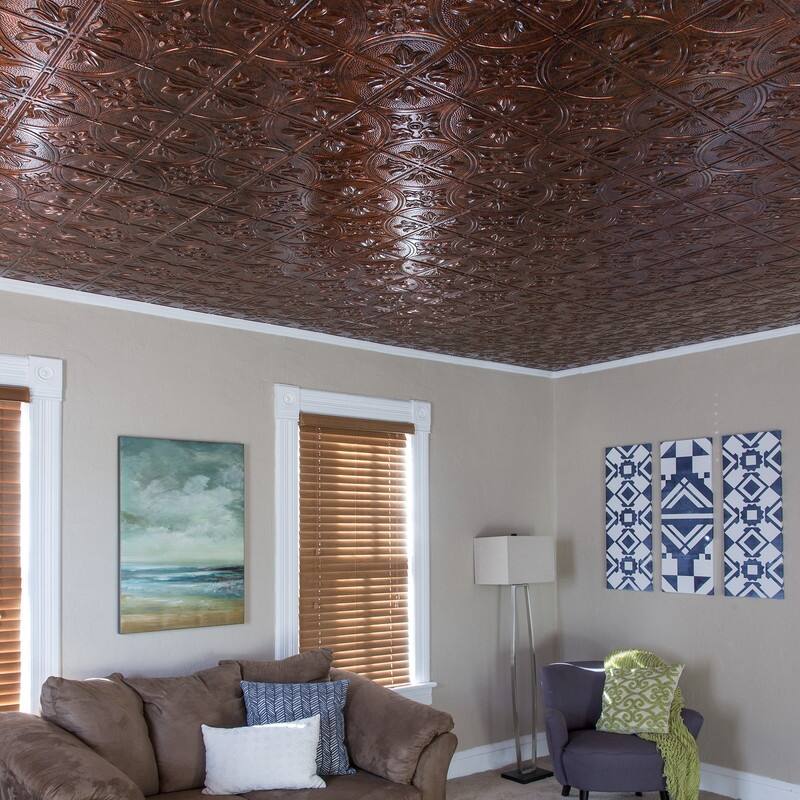 FASÄDE Traditional Style 2 Decorative Vinyl 2ft x 4ft Glue Up Ceiling Panel in Moonstone Copper (5 Pack)