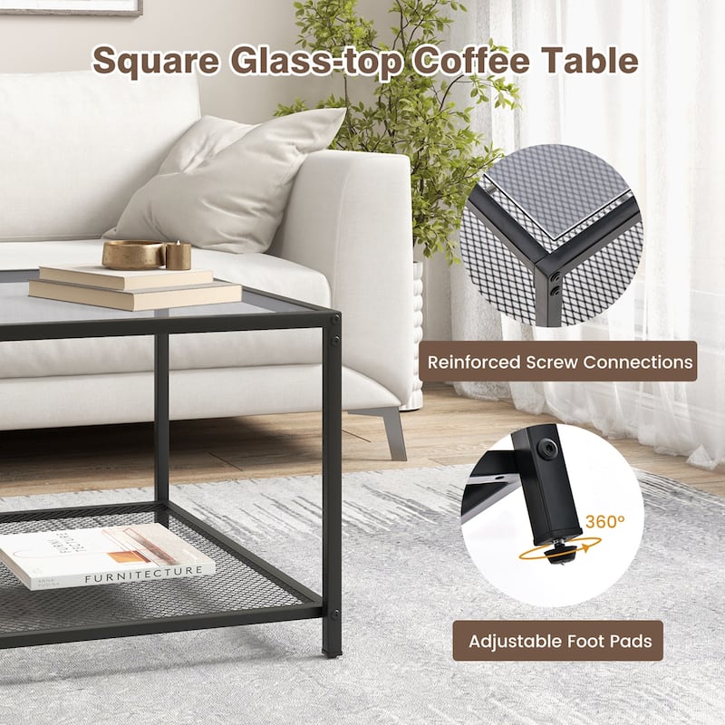 Costway Glass Coffee Table 27.5 Inch 2-Tier Square with Mesh Shelf - See Ddetails