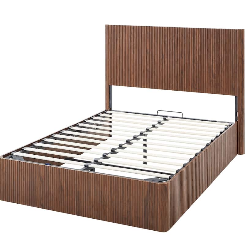 Queen Size Lift Up Storage Bed Frame with Wooden Corrugated Curved Lines and Hydraulic Storage