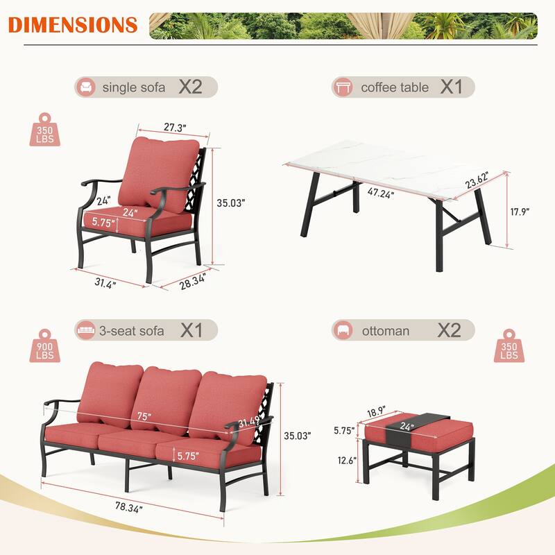 MAISON ARTS 6/7-Piece Patio Conversation Sets, Sofa Set with 2/4 x Single Chairs, 1 x 3-seater Sofa and Coffee Table/Ottomans